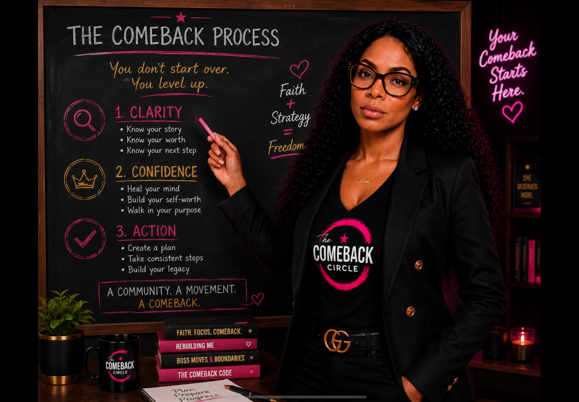 Ivy presenting The Comeback Circle process on a chalkboard